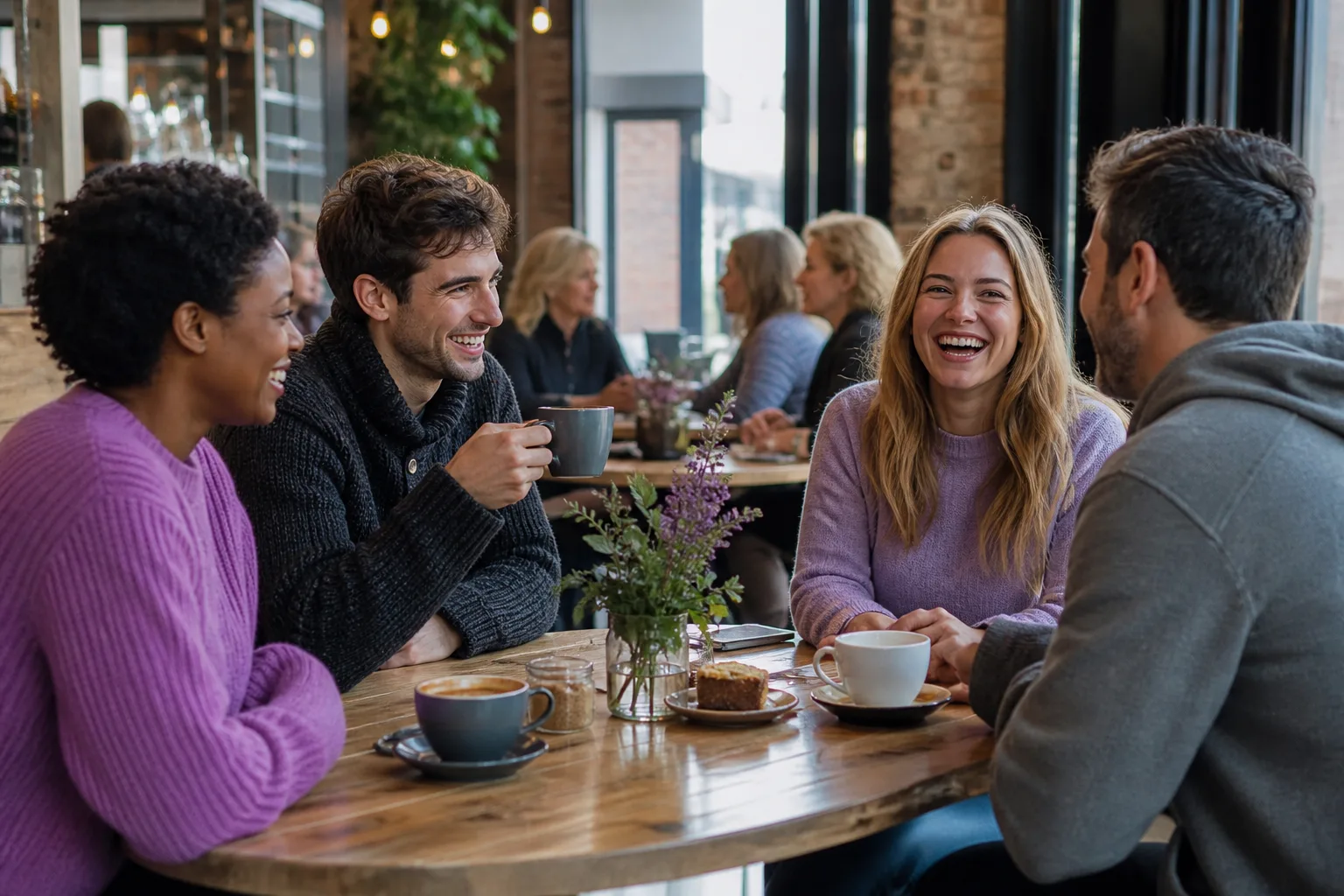 Two people talking over coffee in the West Midlands