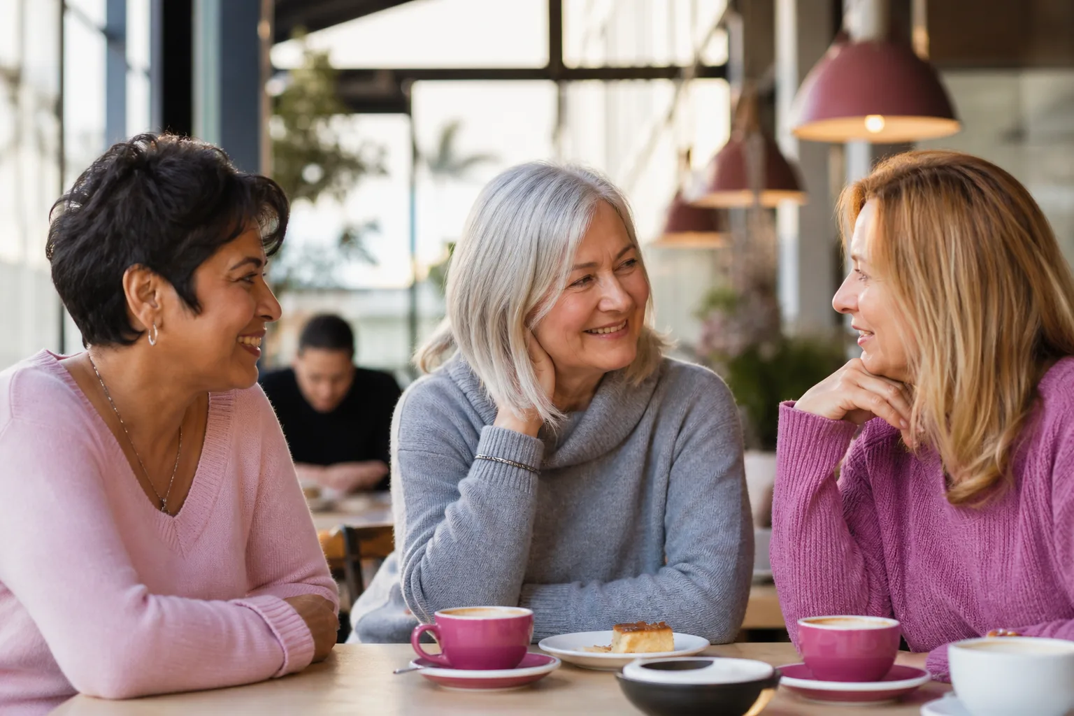 Mature woman enjoying a relaxed coffee date in the West Midlands