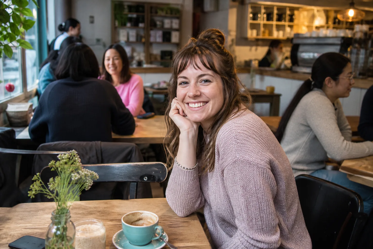 Woman smiling over coffee in a West Midlands cafe