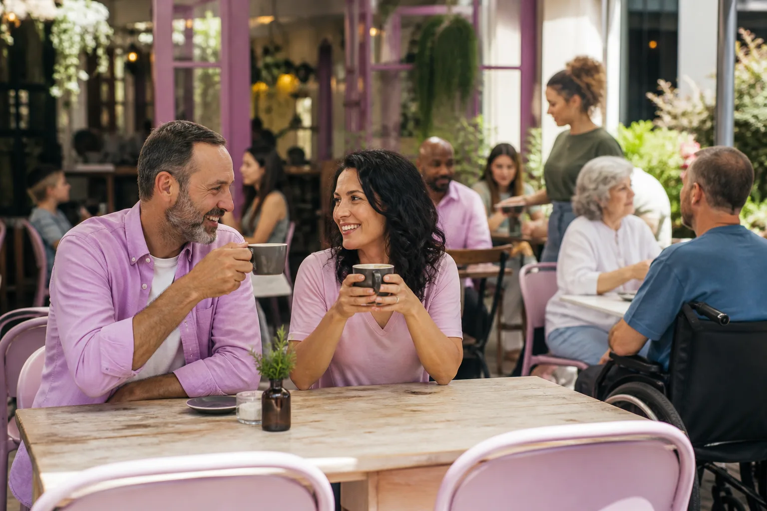 Two people chatting over coffee in the West Midlands