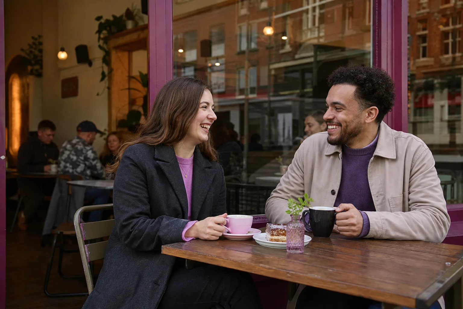 Two people talking over coffee in Wolverhampton city centre