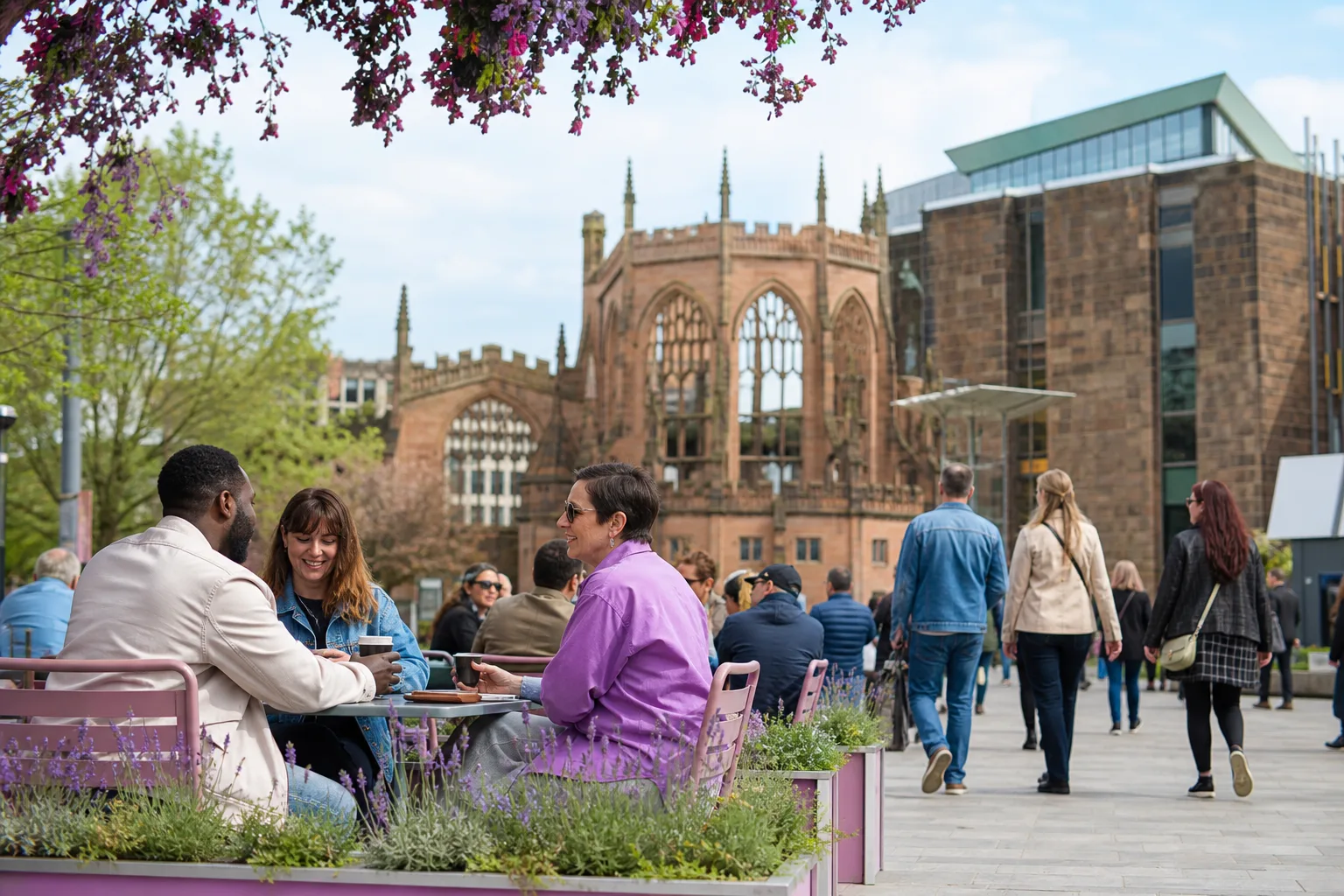 Two people talking beside Coventry Cathedral in the city centre