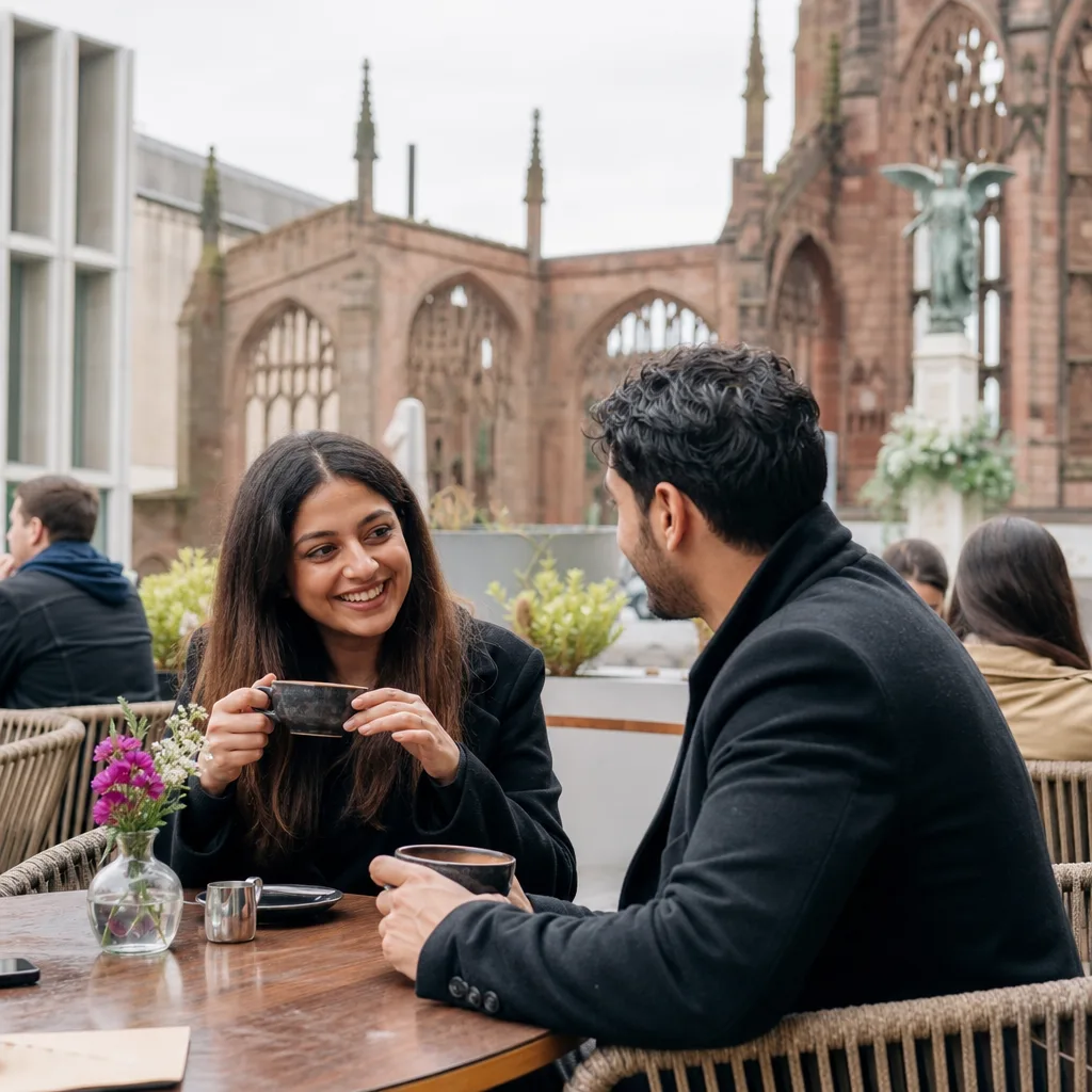 People sitting outside cafés at FarGo Village in Coventry