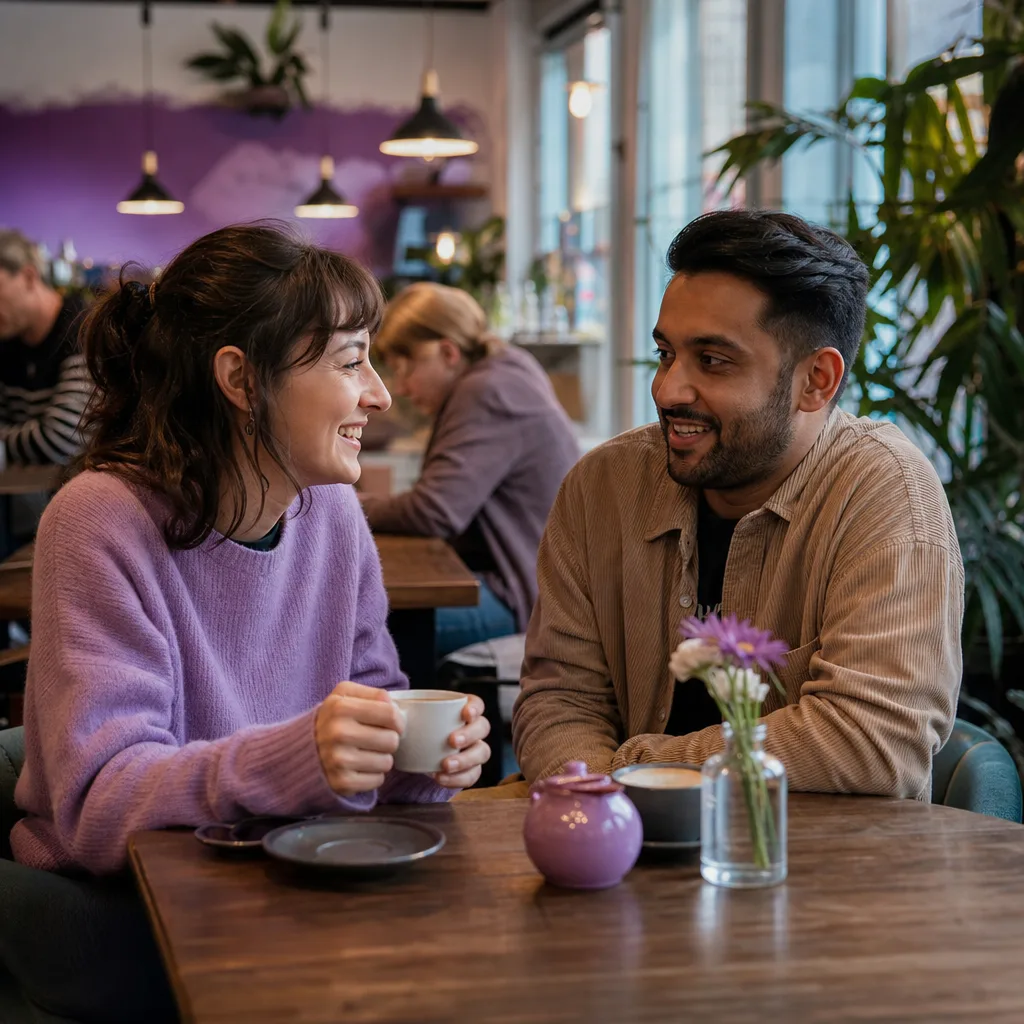Person reviewing local dating profiles on a phone in a West Midlands café