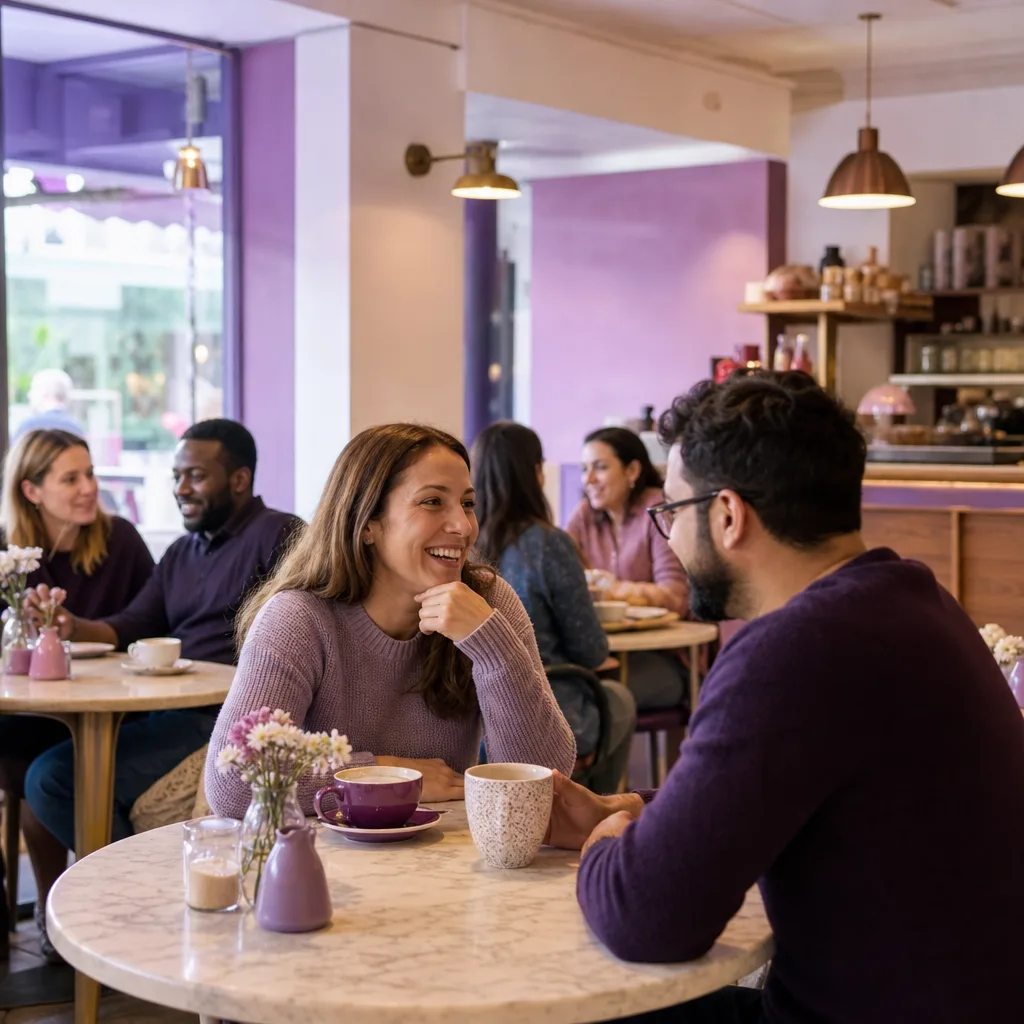 Two people talking over coffee near Coventry city centre