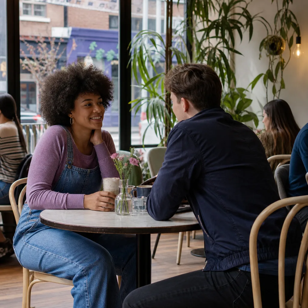Two adults meeting at a busy public café in central Wolverhampton